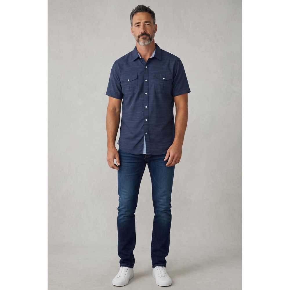 Free Planet Mens 2X Short Sleeve Button Down Shirt Navy Blue Slub Stretch Pocket